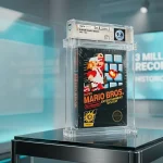Sealed Super Mario Bros NES cartridge preserved inside a premium Wata Games acrylic grading display case