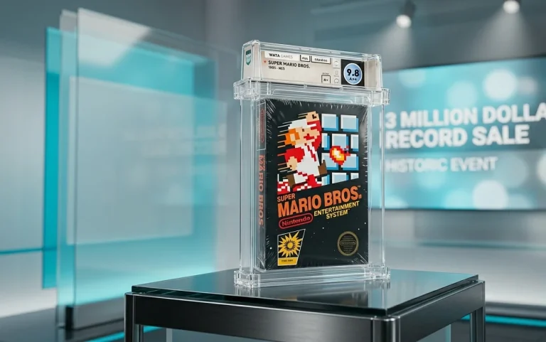 Sealed Super Mario Bros NES cartridge preserved inside a premium Wata Games acrylic grading display case
