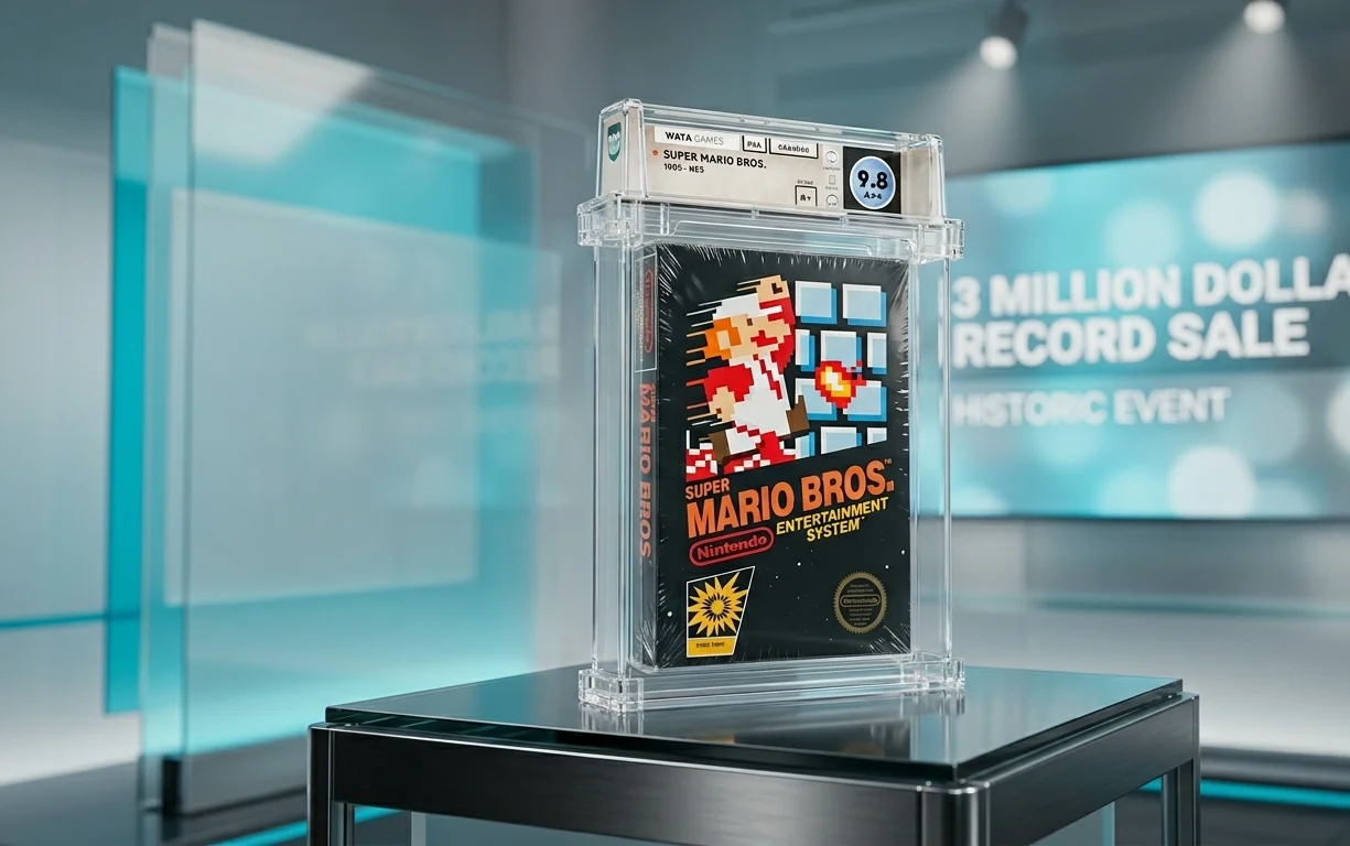 Sealed Super Mario Bros NES cartridge preserved inside a premium Wata Games acrylic grading display case
