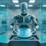 Highly detailed humanoid robot hand interacting with an advanced translucent silicon wafer embedded with next-generation memory microchips inside a high-tech cleanroom
