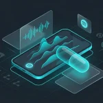Isometric diagram of a smartphone with audio waves, a medicine capsule, and Spotify logos, representing SEO manipulation