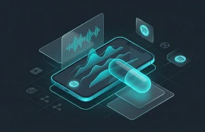 Isometric diagram of a smartphone with audio waves, a medicine capsule, and Spotify logos, representing SEO manipulation