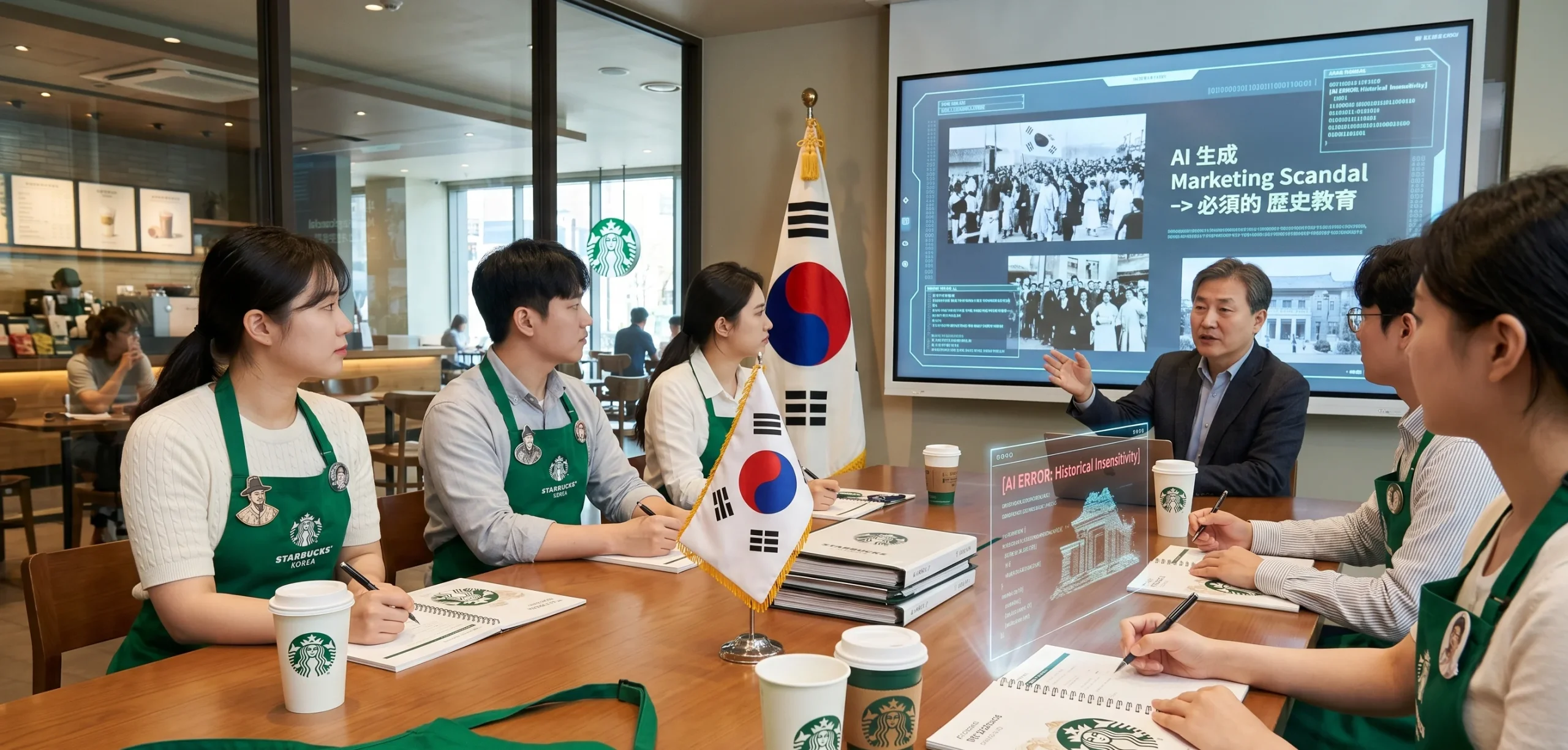 Starbucks Korea staff attending a mandatory history retraining session in an office setting