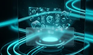 Futuristic gaming user interface in glassmorphism style with cyan lighting for Summer Game Fest 2026 article