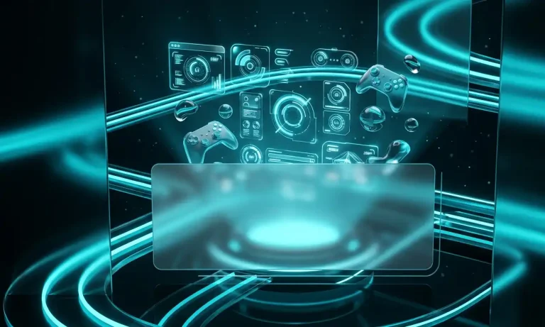 Futuristic gaming user interface in glassmorphism style with cyan lighting for Summer Game Fest 2026 article