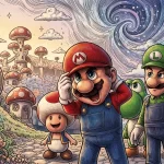 Mario, Luigi, Toad, and Yoshi against a cosmic Mushroom Kingdom background in cross-hatched ink style