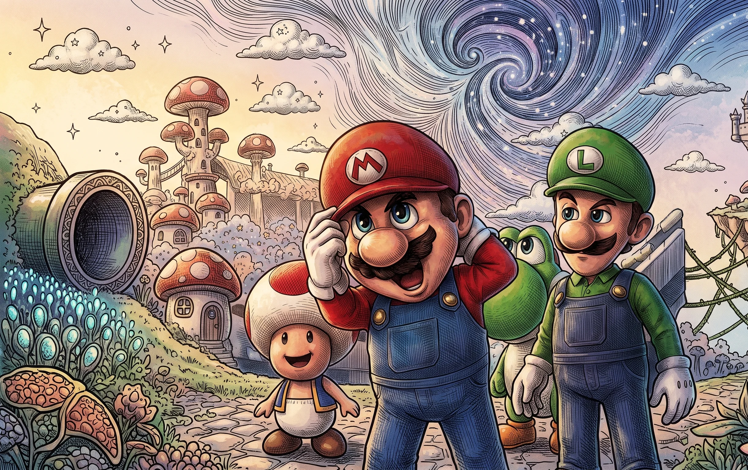 Mario, Luigi, Toad, and Yoshi against a cosmic Mushroom Kingdom background in cross-hatched ink style