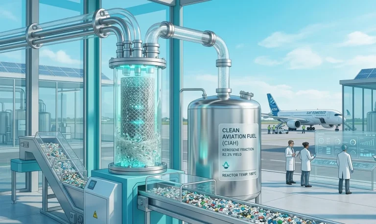 Industrial low-temperature catalytic plant synthesizing aviation fuel from recycled plastics