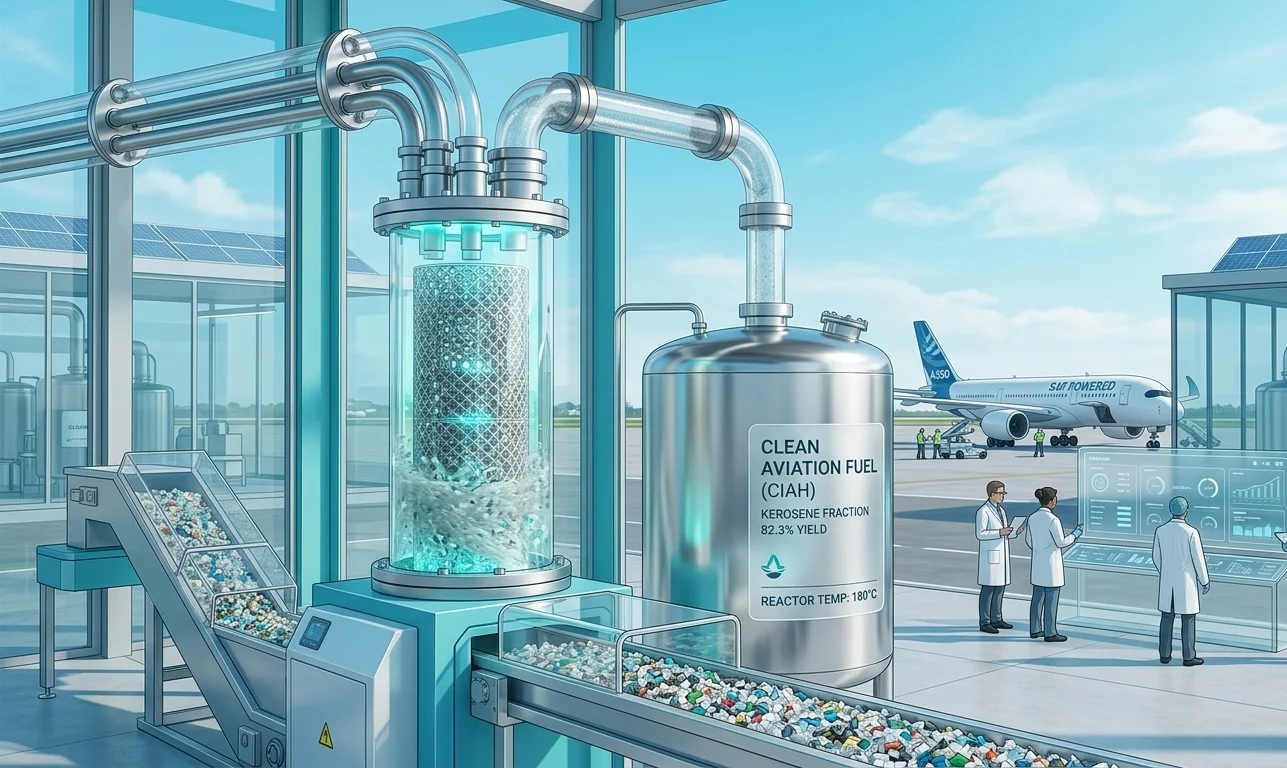 Industrial low-temperature catalytic plant synthesizing aviation fuel from recycled plastics