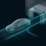 Conceptual digital illustration of an electric vehicle deviating from its path into an abstract building structure