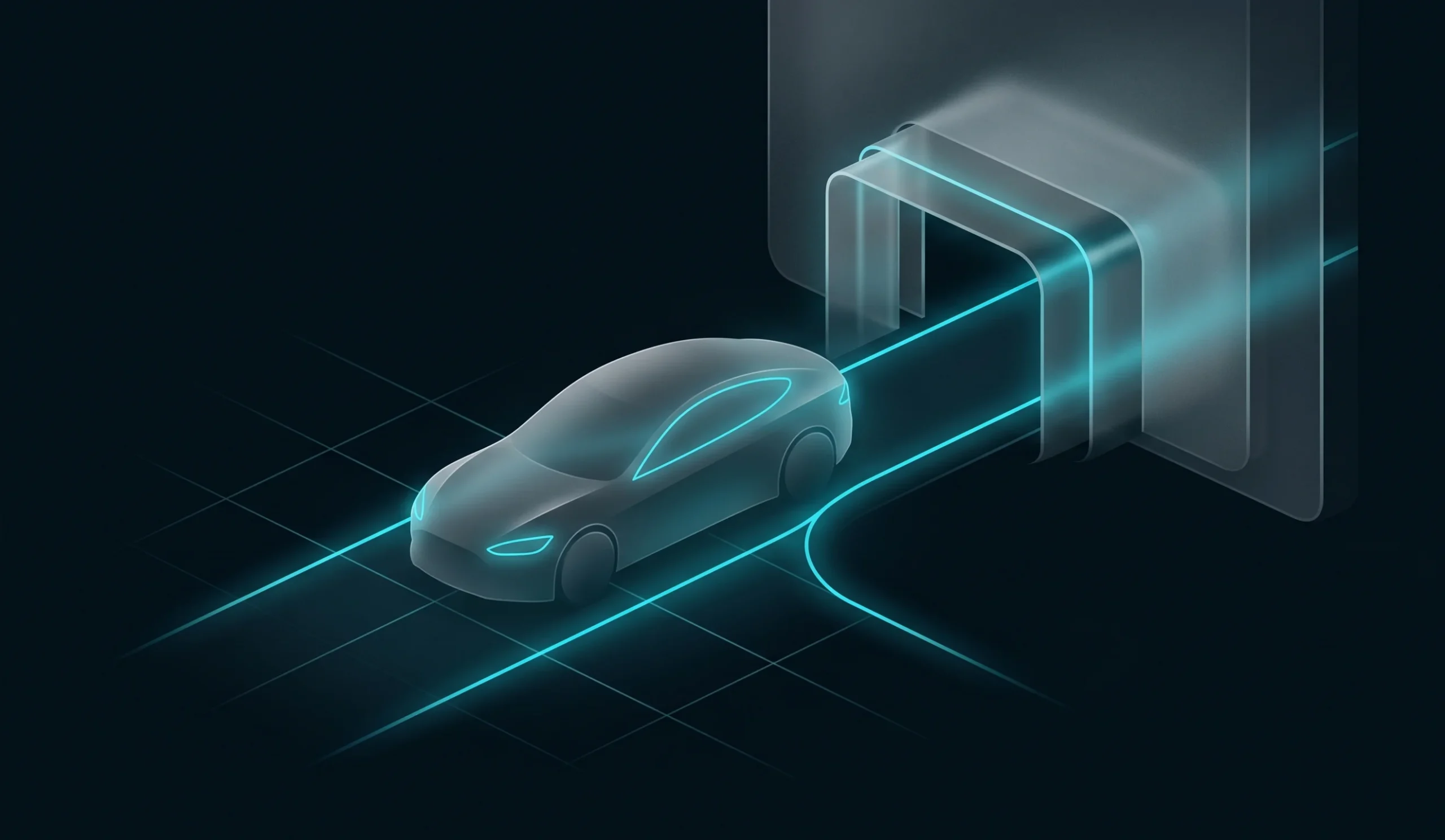 Conceptual digital illustration of an electric vehicle deviating from its path into an abstract building structure