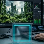 A professional video editing desk with a monitor showing a post-apocalyptic overgrown city and a glassmorphic element