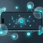 Conceptual image of a smartphone in the center interacting with a smart home mesh network via Thread Direct technology