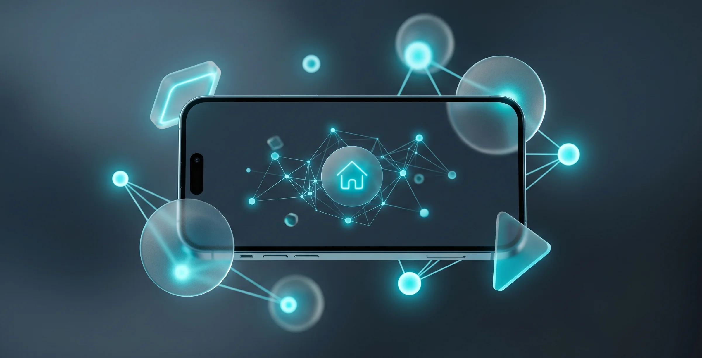 Conceptual image of a smartphone in the center interacting with a smart home mesh network via Thread Direct technology