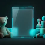Conceptual clash between a classic teddy bear and a glowing silhouette of a modern tablet