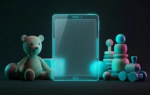 Conceptual clash between a classic teddy bear and a glowing silhouette of a modern tablet