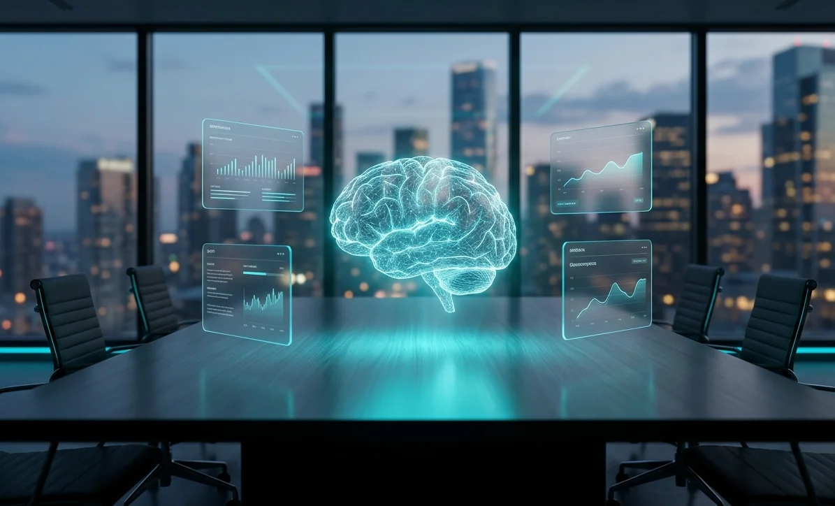 Conceptual representation of a high-tech government boardroom featuring a glowing neural network hologram on the table
