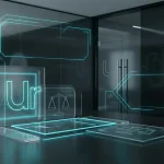 Corporate office interior with glowing neon cyan legal scales and Uber branding elements
