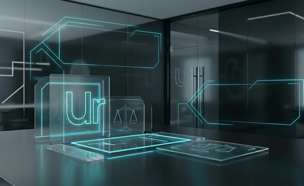 Corporate office interior with glowing neon cyan legal scales and Uber branding elements