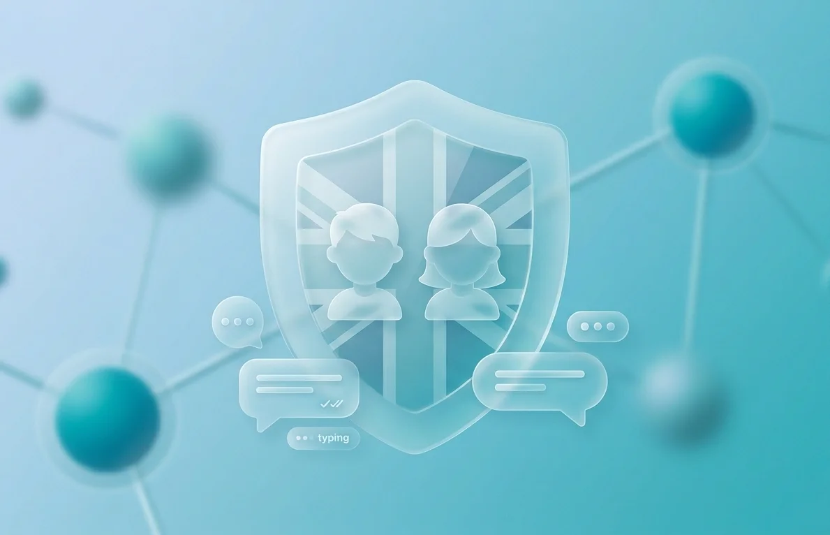 Graphic illustration of child protection in the UK digital space featuring messenger interface elements and a British shield icon