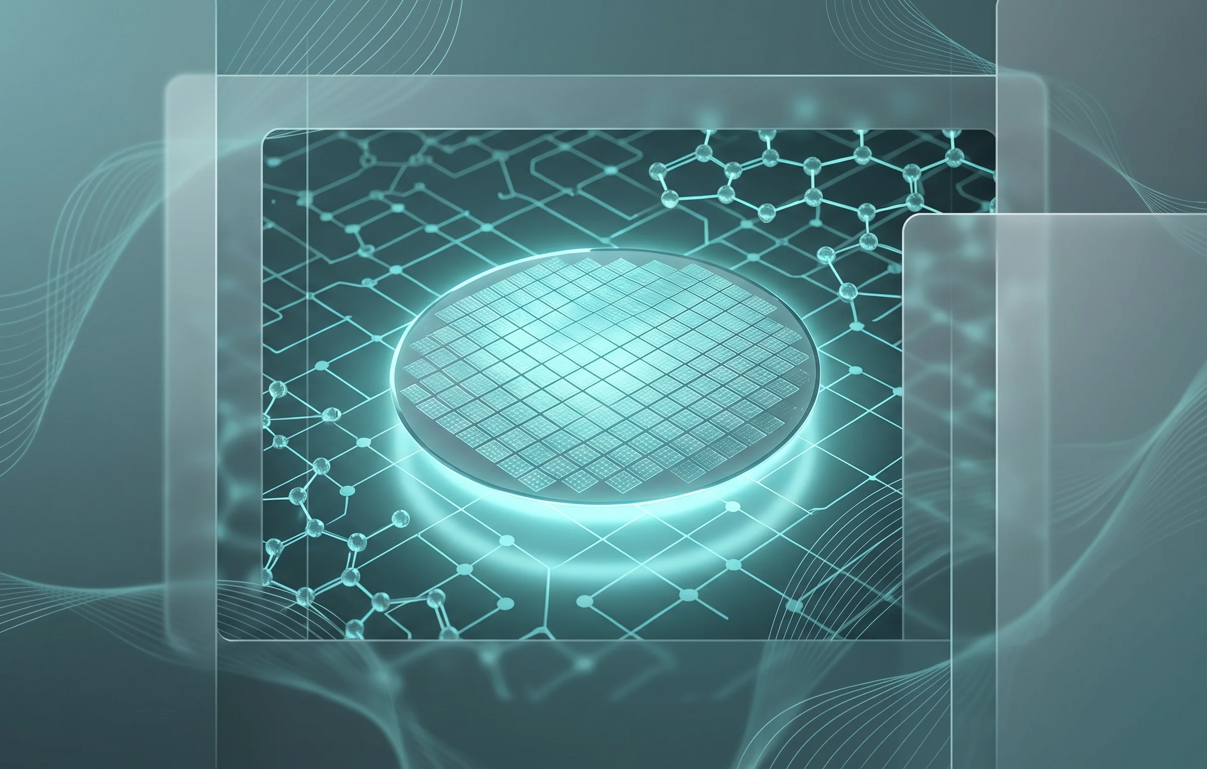 High-tech conceptual visualization of advanced semiconductor material discovery using AI with glassmorphism styling