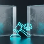 Абстрактная визуализация судебного процесса против слияния Paramount и Warner Bros в стиле гласморфизм
