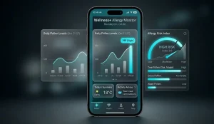 Mobile application interface showing pollen level charts and an allergy risk index on a smartphone screen