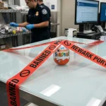 A confiscated Kinder Surprise chocolate egg on a US customs table under red security tape marked Banned