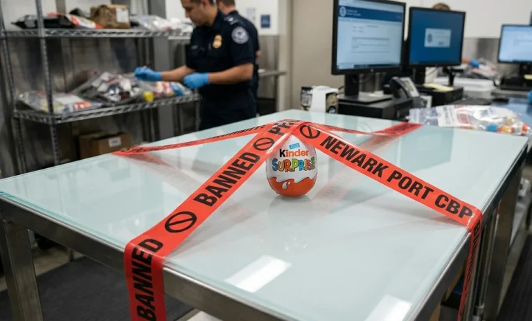 A confiscated Kinder Surprise chocolate egg on a US customs table under red security tape marked Banned