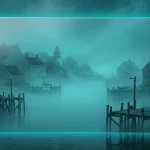 Gloomy coastal New England town in fog with glassmorphism neon cyan accent