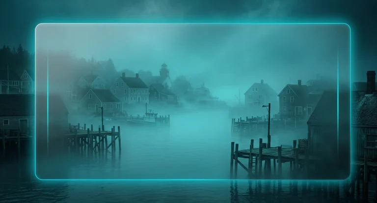 Gloomy coastal New England town in fog with glassmorphism neon cyan accent