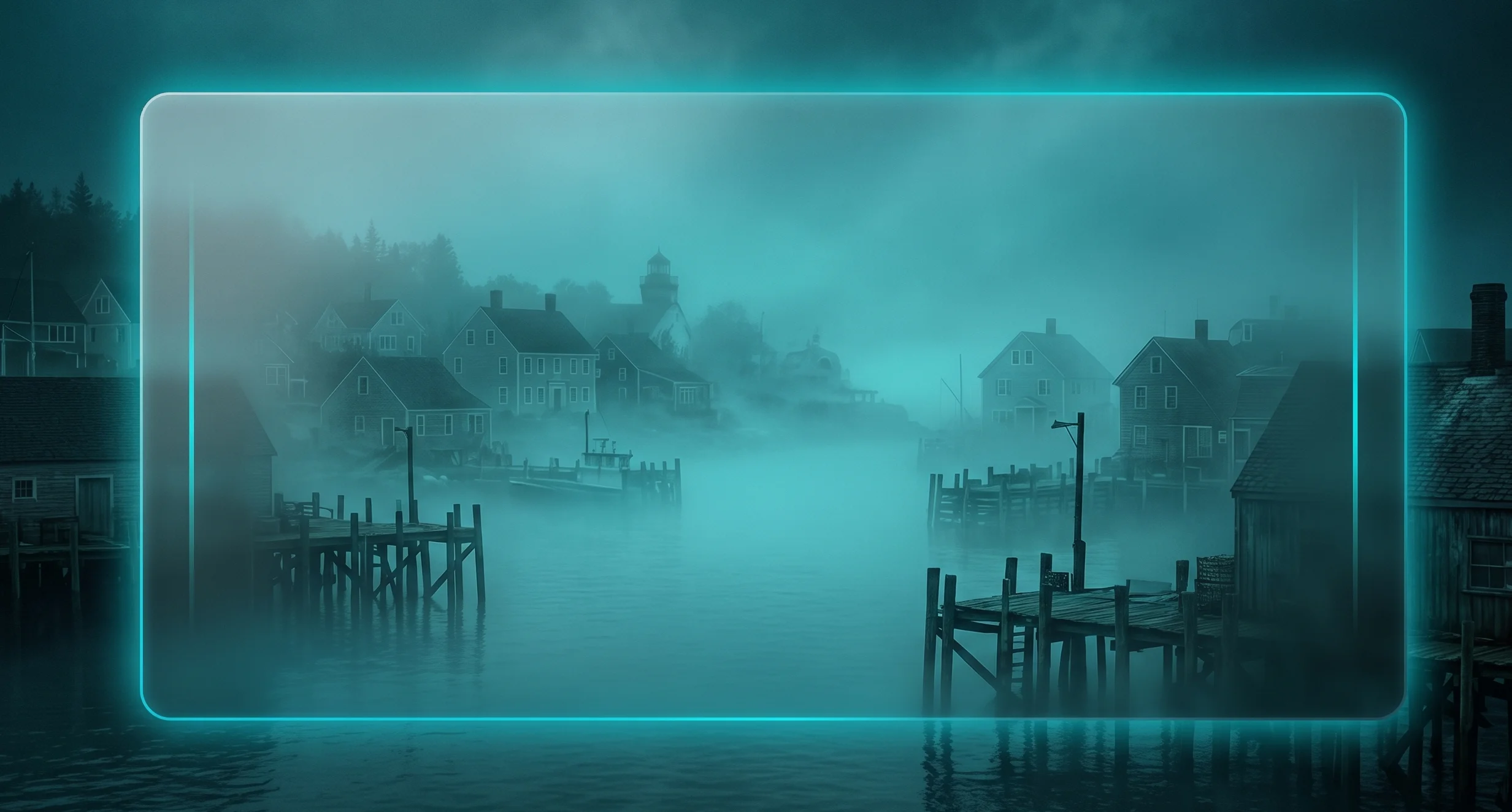 Gloomy coastal New England town in fog with glassmorphism neon cyan accent