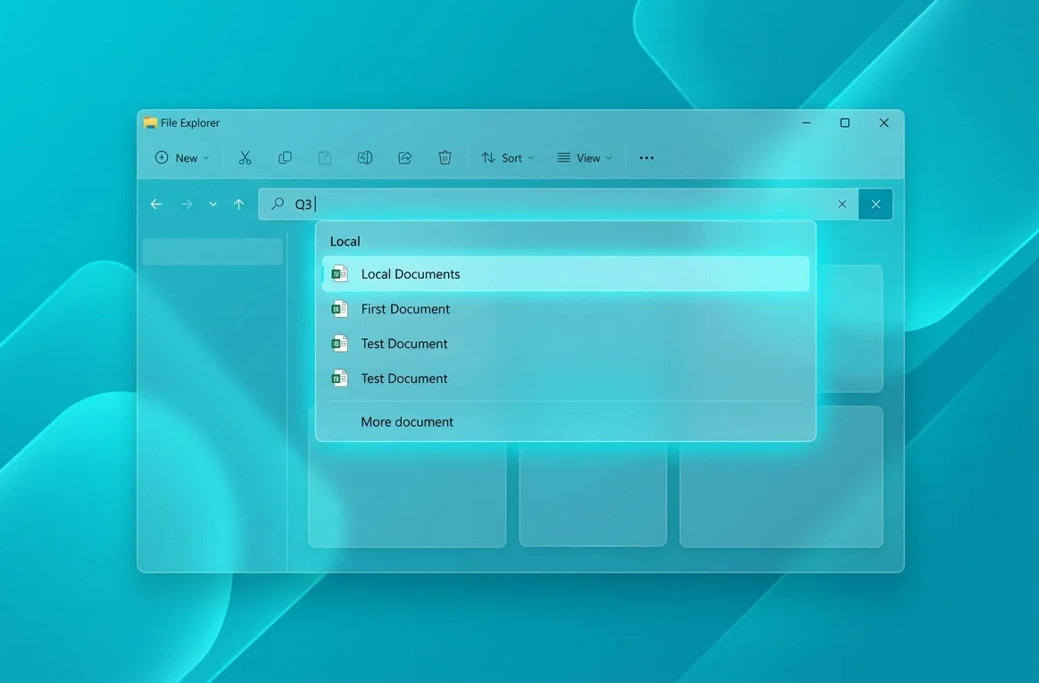 Windows 11 search interface showing two typed characters in premium glassmorphism style