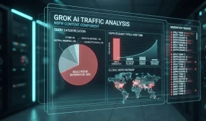 Graphical user interface of Grok AI traffic analytics with charts showing user query distribution