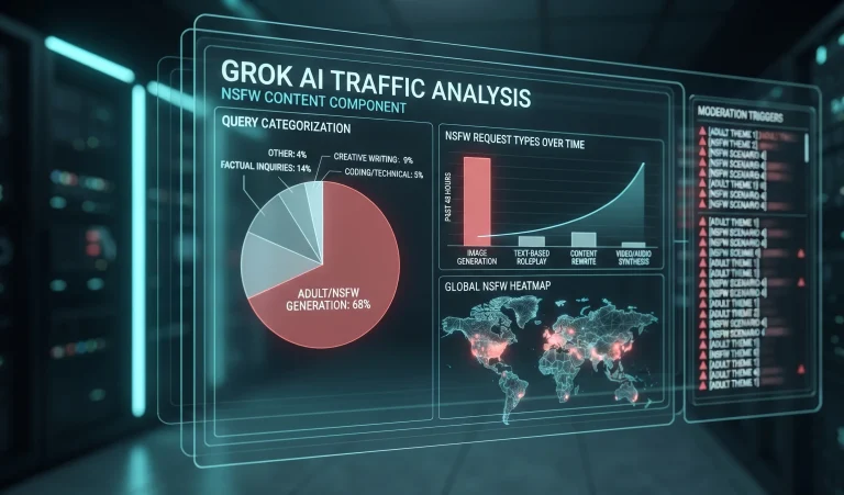 Graphical user interface of Grok AI traffic analytics with charts showing user query distribution