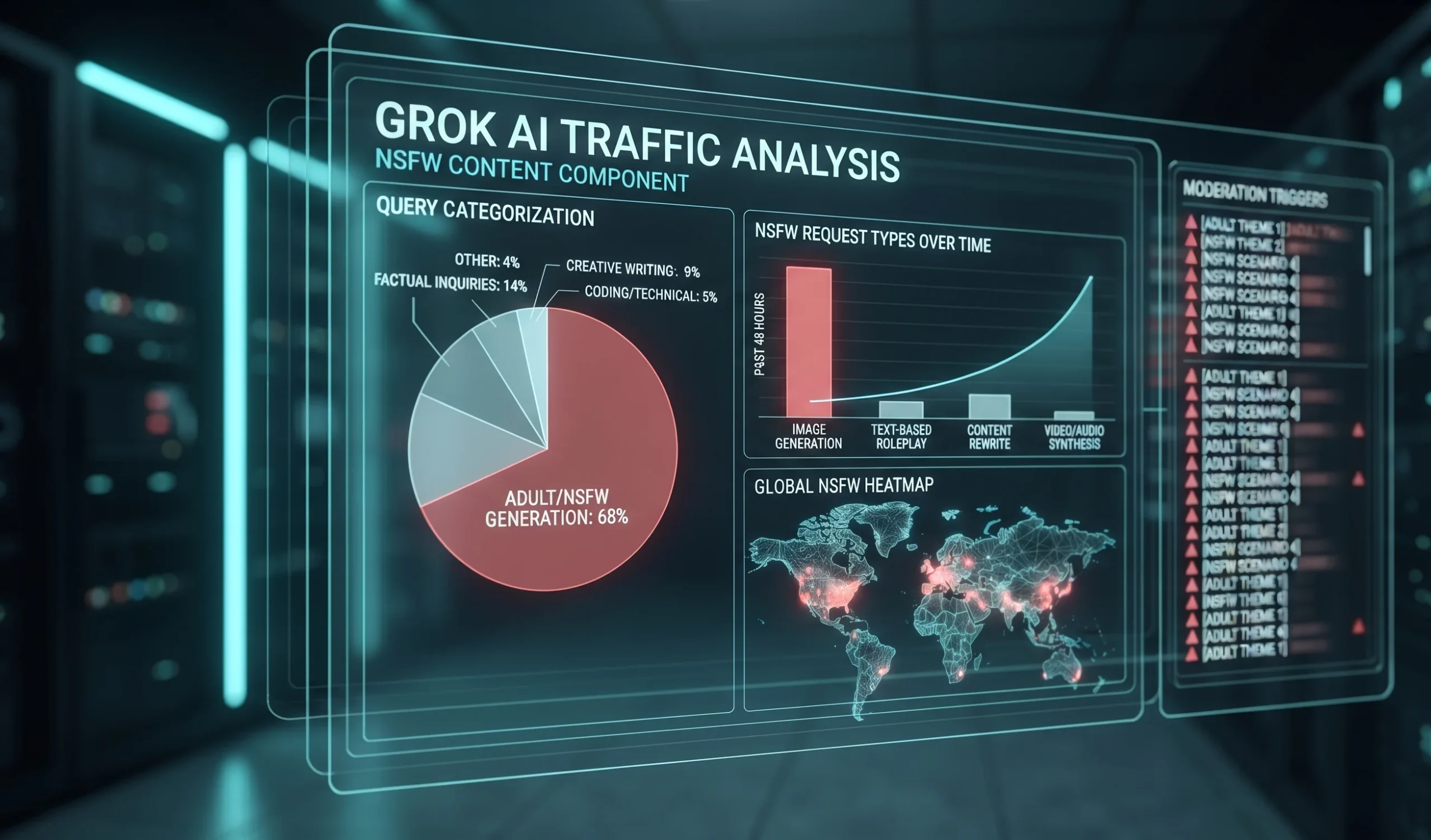 Графический интерфейс аналитики трафика искусственного интеллекта Grok с диаграммами распределения запросов пользователей