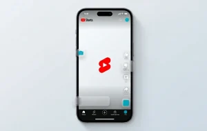 Смартфон с минималистичным интерфейсом YouTube Shorts и прозрачными кнопками управления
