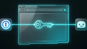 Conceptual visual representation of secure passwordless Claude AI authentication using 1Password manager