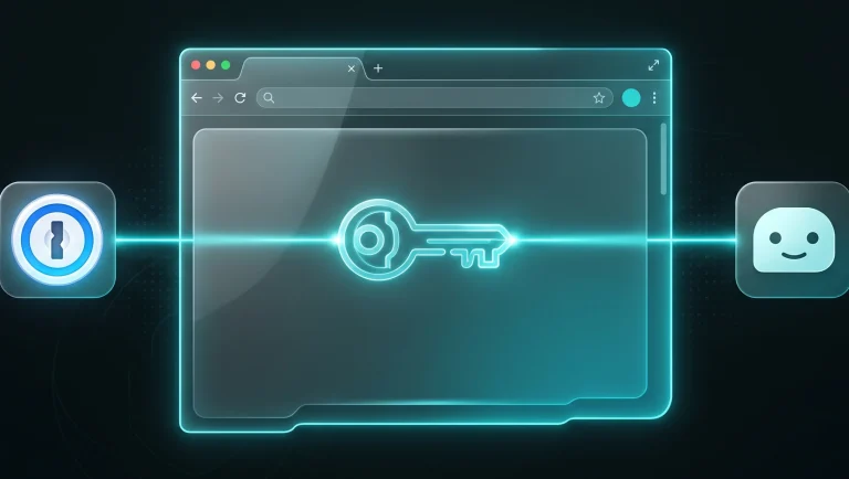 Conceptual visual representation of secure passwordless Claude AI authentication using 1Password manager
