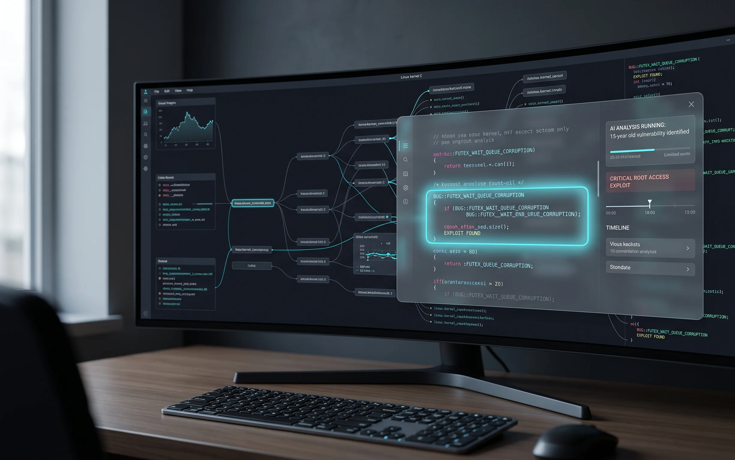 Linux kernel code on a computer monitor with a highlighted memory subsystem bug via an AI analysis interface