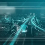 Conceptual user interface of a self-driving car software analyzing road variables with turquoise styling
