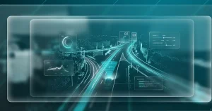 Conceptual user interface of a self-driving car software analyzing road variables with turquoise styling