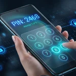 Smartphone with secure lock screen UI displaying PIN entry