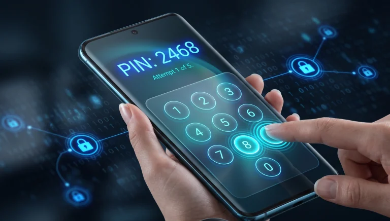 Smartphone with secure lock screen UI displaying PIN entry