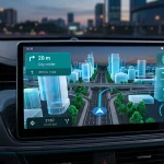3D navigation interface of Google Maps running on Android Auto display