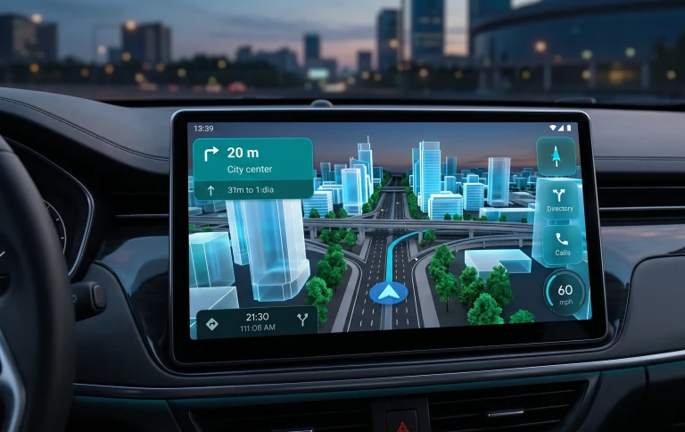 Интерфейс 3D навигации Google Maps в Android Auto на экране автомобиля