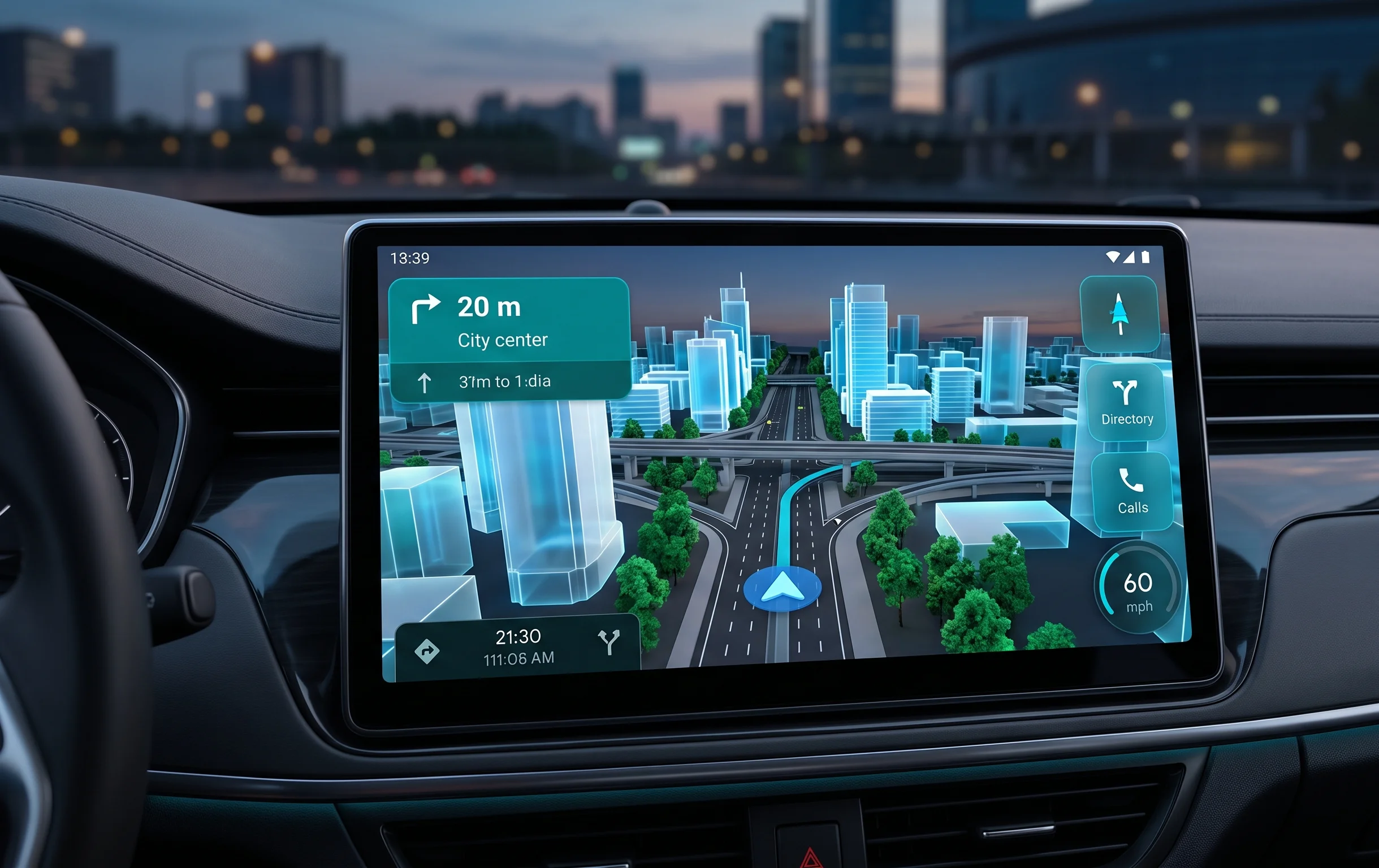 3D navigation interface of Google Maps running on Android Auto display