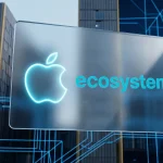 Stylized Apple ecosystem logo on the background of the EU court building elements