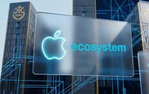Stylized Apple ecosystem logo on the background of the EU court building elements