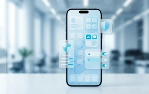Digital security interface on a smartphone screen featuring glassmorphism design and data protection layers